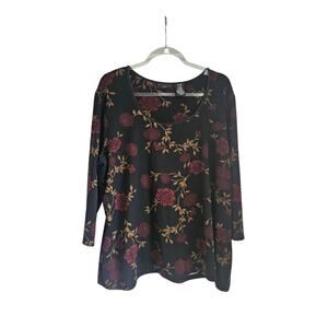 Apostrophe Womens Size 20/22W Top Black Burgundy Floral 3/4 Sleeve Stretch